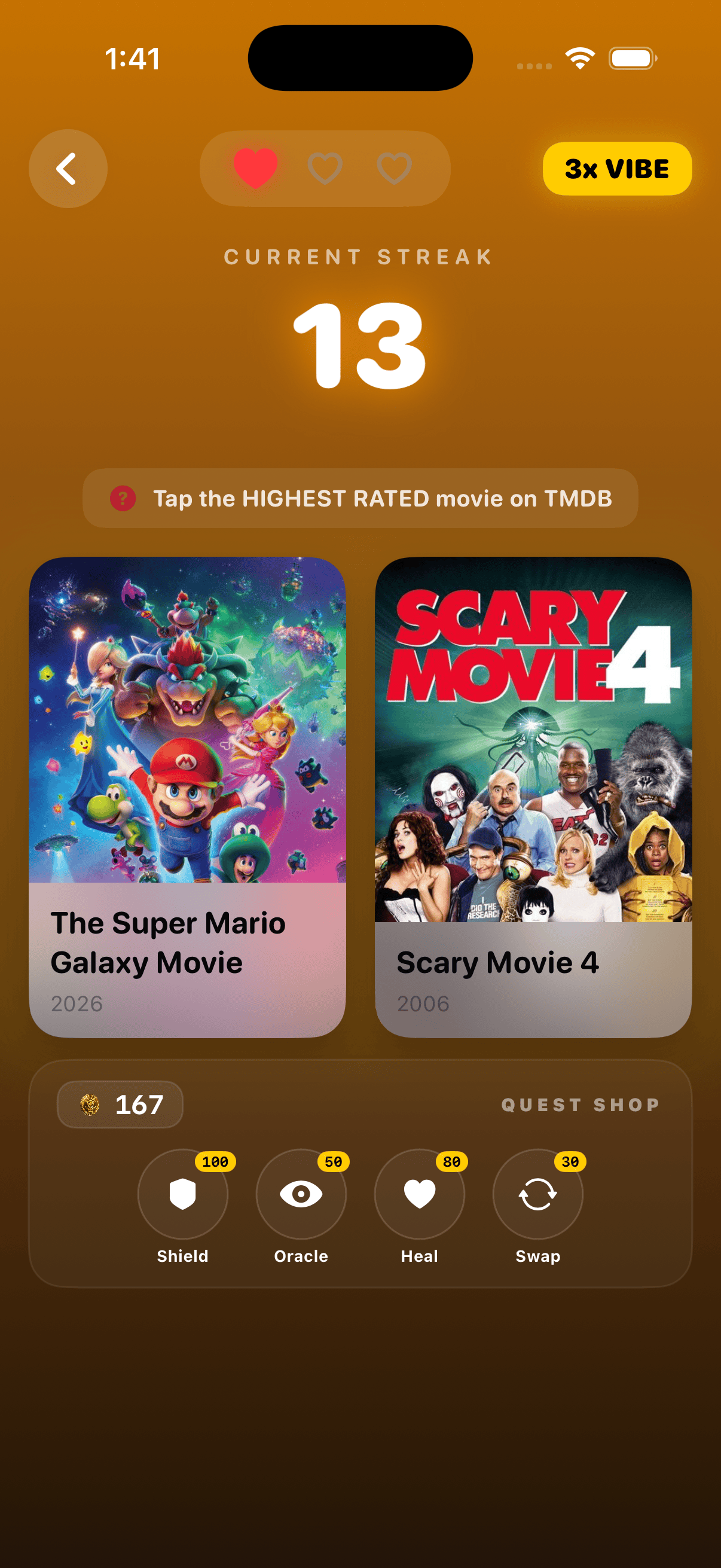 Chart Quest survival mode showing an active streak of 22 with movie matchup cards