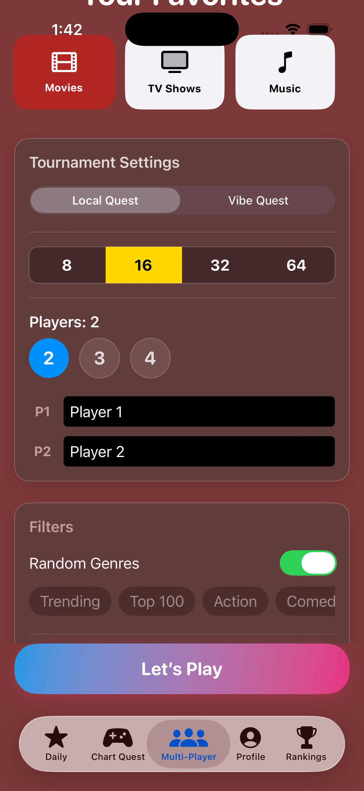 Local Quest player setup screen showing 3 player name slots ready to start a bracket