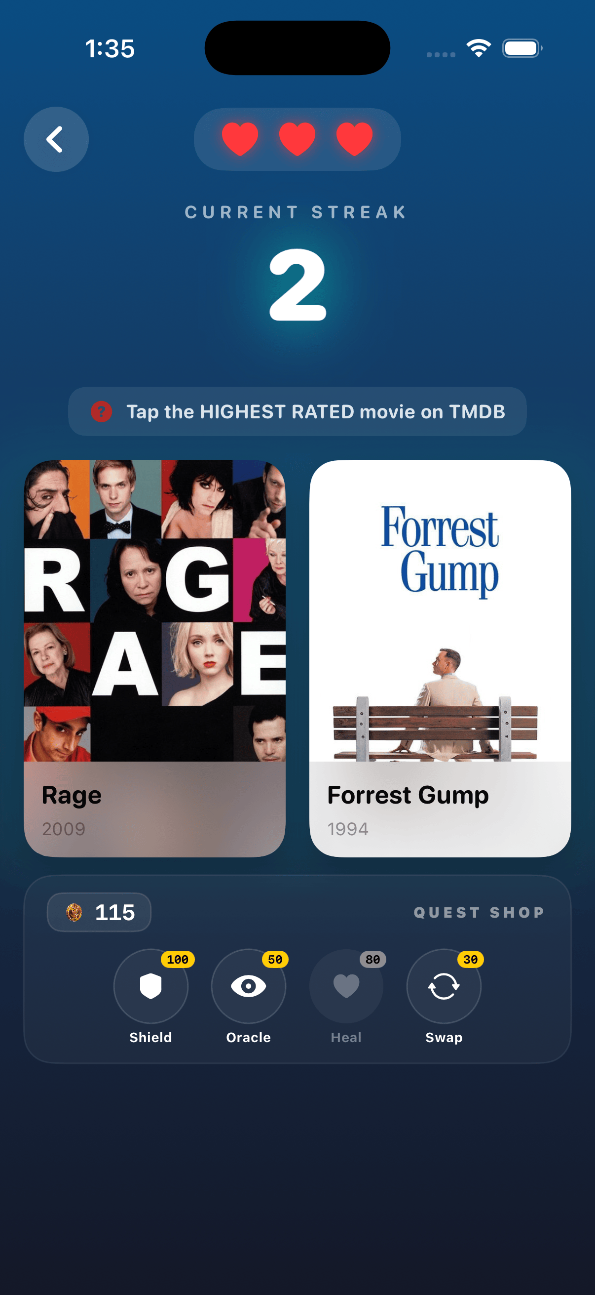 PopTier app showing a movie matchup — pick the higher-rated film to extend your streak