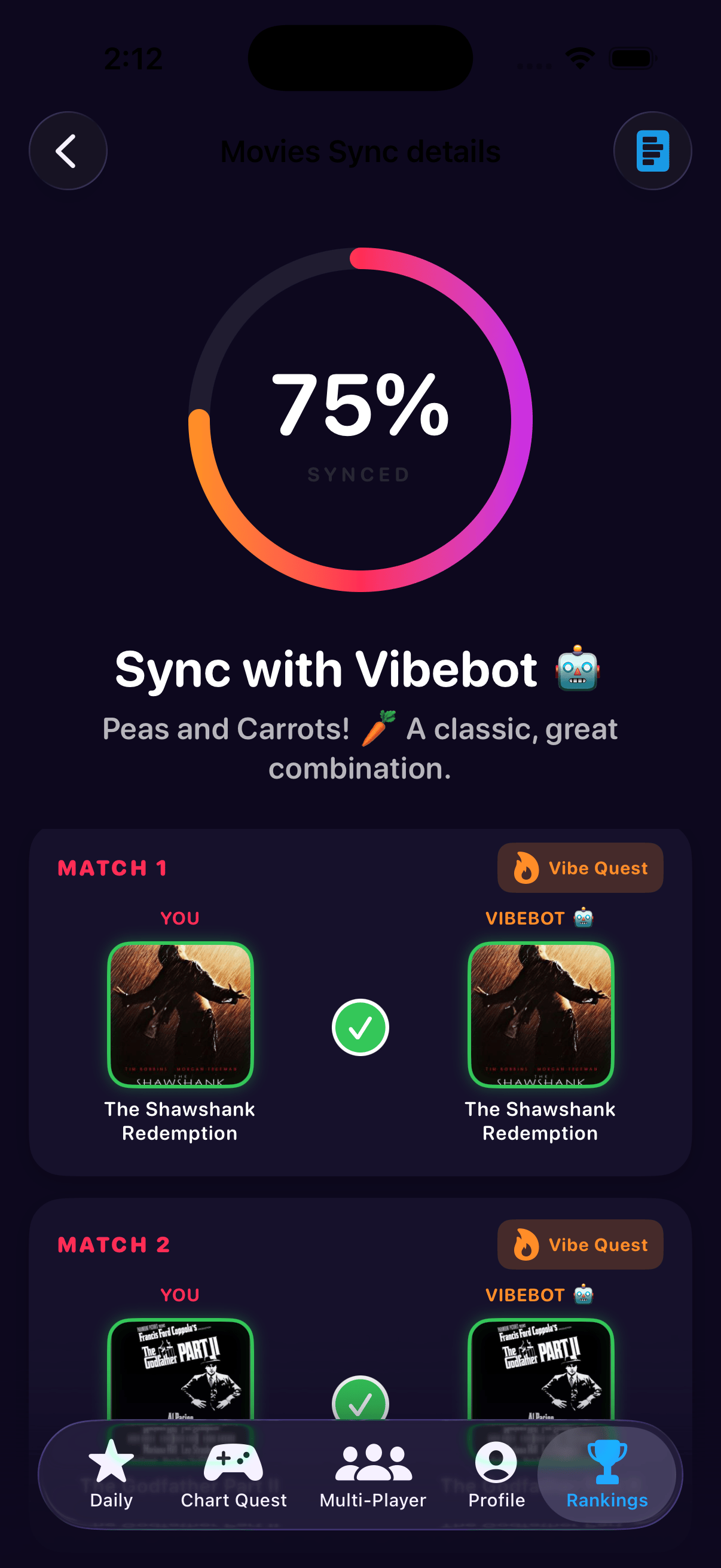 Vibe Quest showing a 6-digit lobby code and real-time results comparison between two players